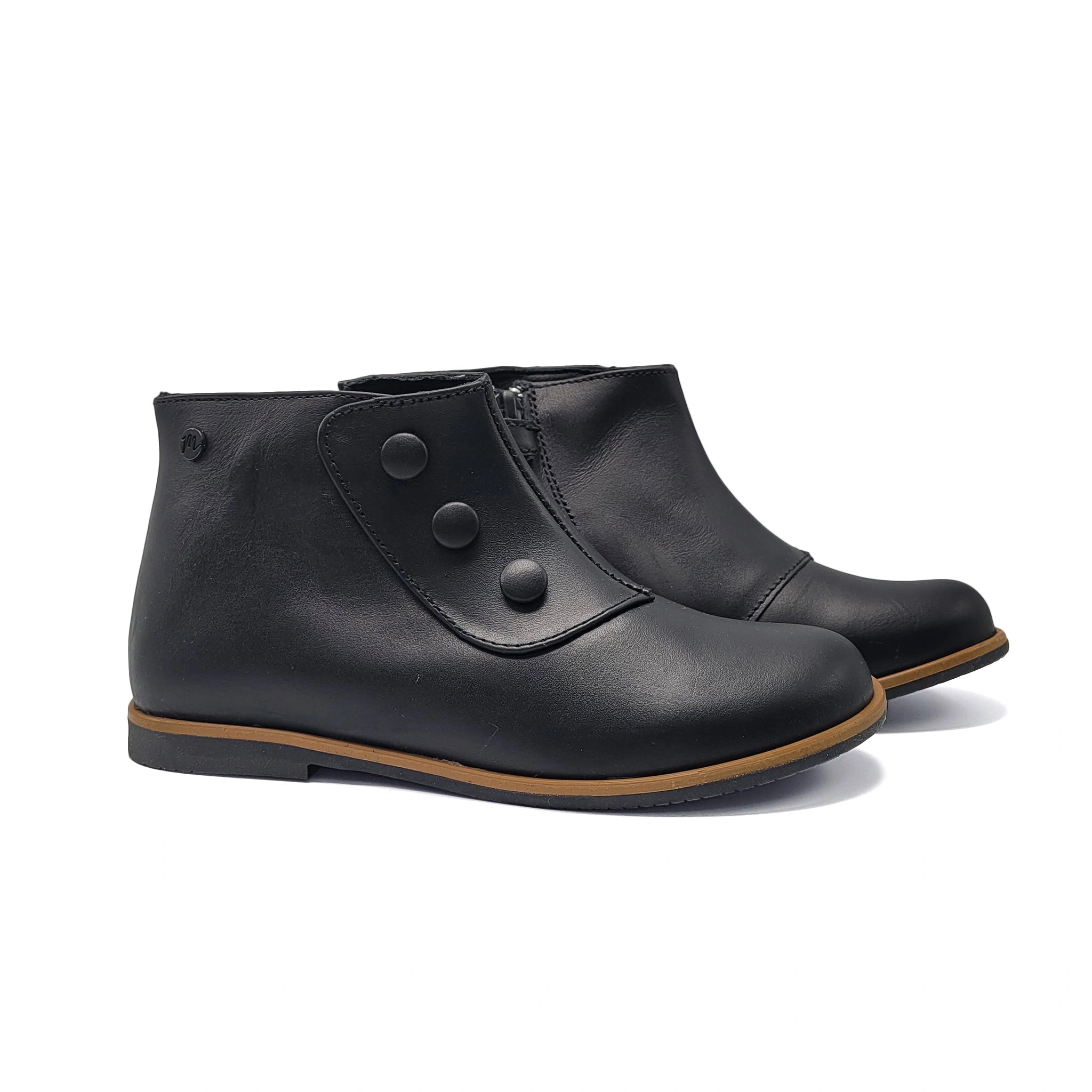 Pair of black leather ankle boots with button details on a white background
