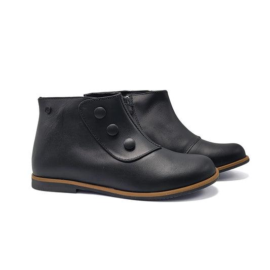 Pair of black leather ankle boots with button details on a white background