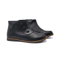 Pair of black leather ankle boots with button details on a white background
