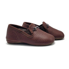 Pair of brown leather loafers on a white background