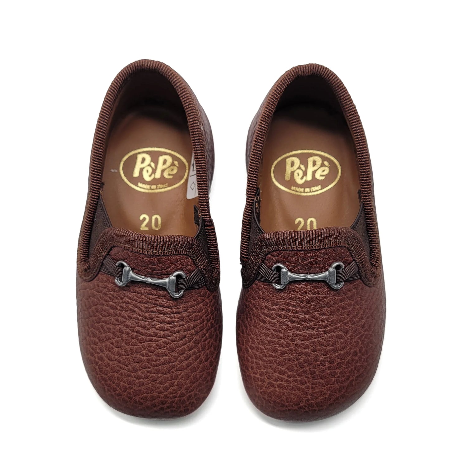 Pair of brown loafers with brand logo on a white background