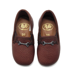 Pair of brown loafers with brand logo on a white background