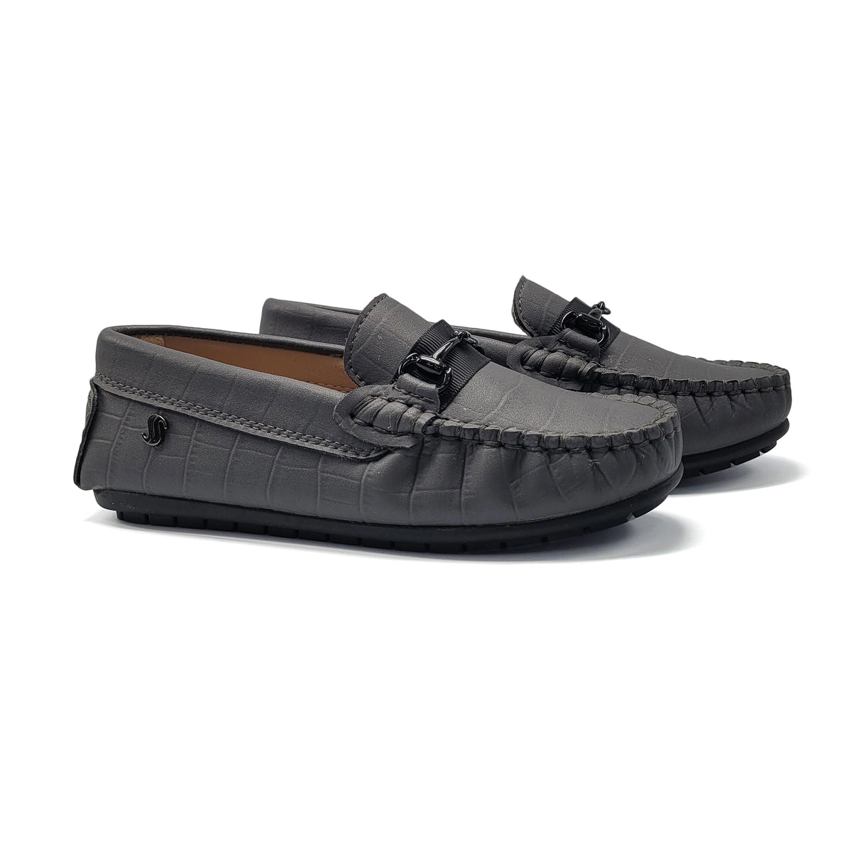 Pair of gray loafers on a white background