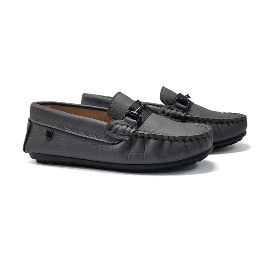 Pair of gray loafers on a white background
