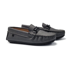 Pair of gray loafers on a white background