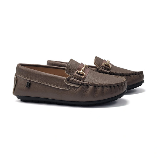 Pair of brown loafers with a buckle on a white background