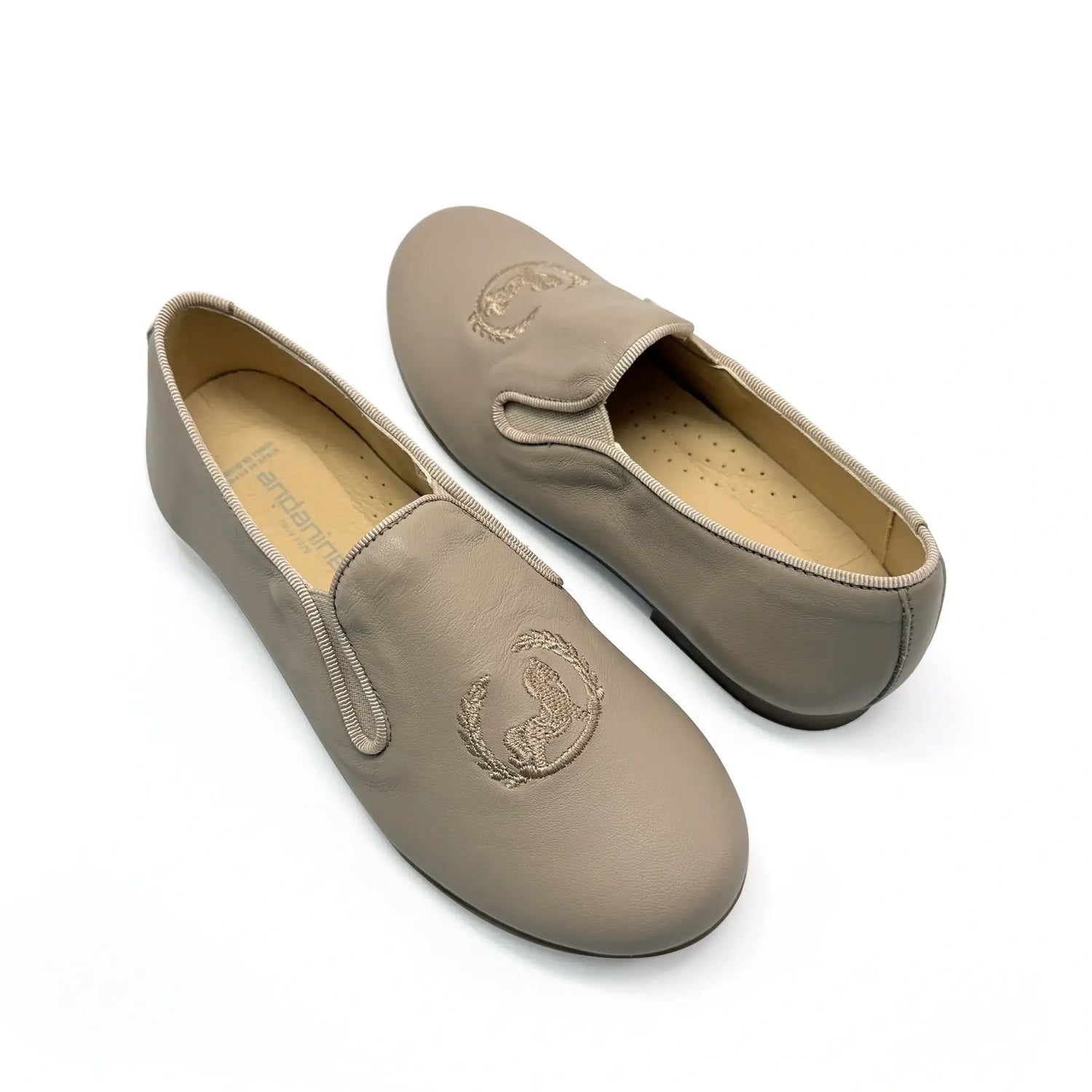 Andanines boys taupe embroidered smoking shoes fast shipping