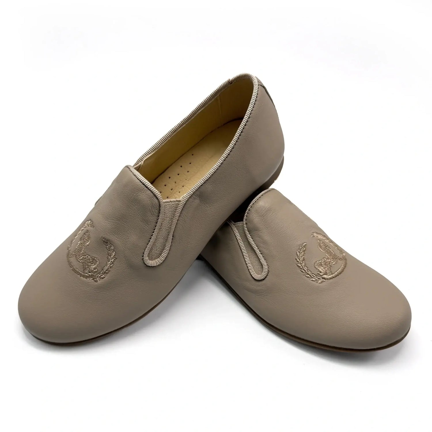 Andanines boys taupe embroidered smoking shoes fast shipping
