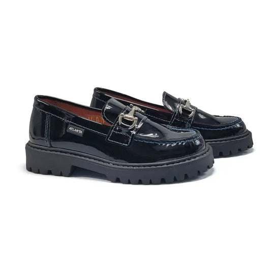 Atlanta mocassin black patent blue stitch chunky loafer 17k