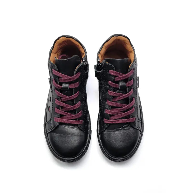 Pair of black high-top sneakers with maroon laces on a white background