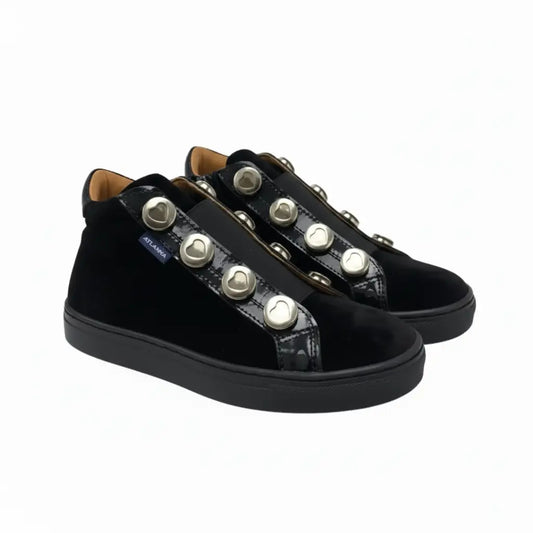 Atlanta mocassin black velvet sneakers with gold studs | laced shoe fast shipping