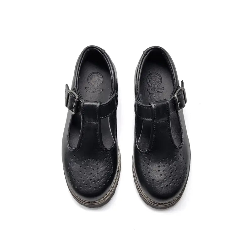 Blublonc bel chunky black perf leather t-strap - t strap