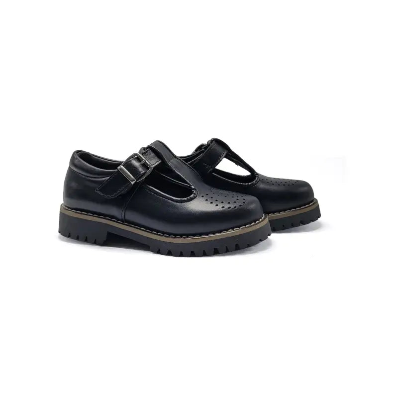 Blublonc bel chunky black perf leather t-strap - t strap