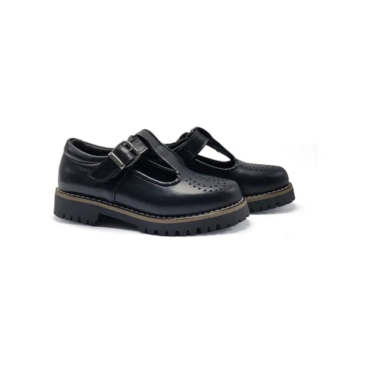 Blublonc bel chunky black perf leather t-strap - t strap