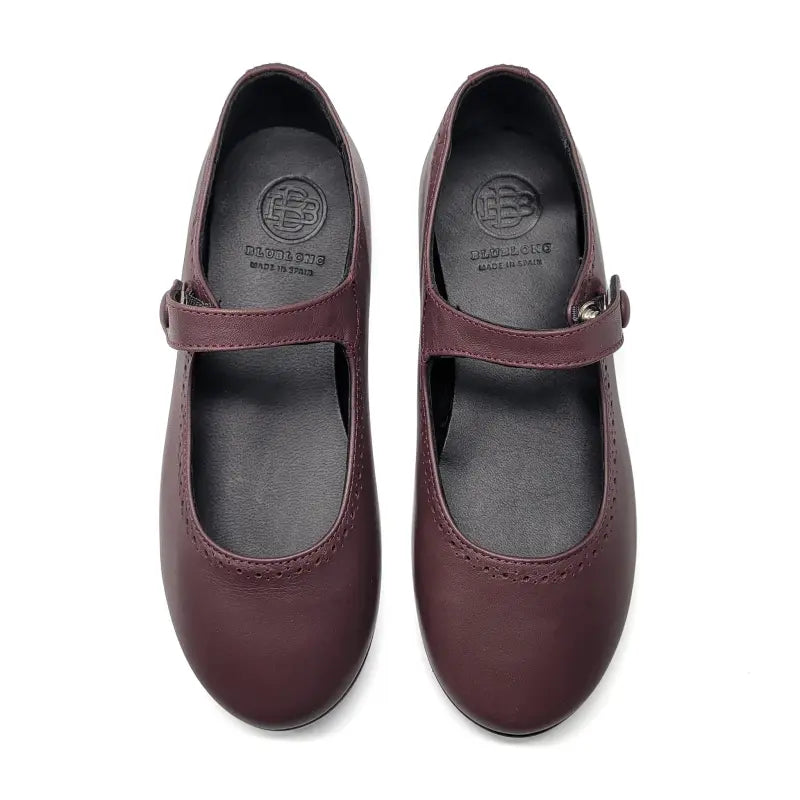 Pair of maroon shoes with a snap on a white background