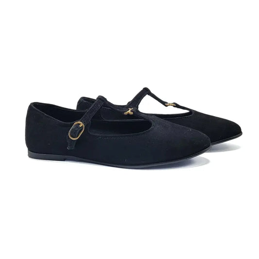 Pair of black suede shoes with gold accents on a white background