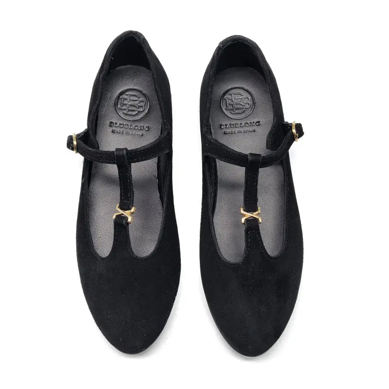 Pair of black shoes with gold accents on a white background