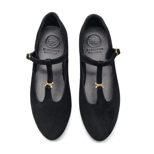Pair of black shoes with gold accents on a white background
