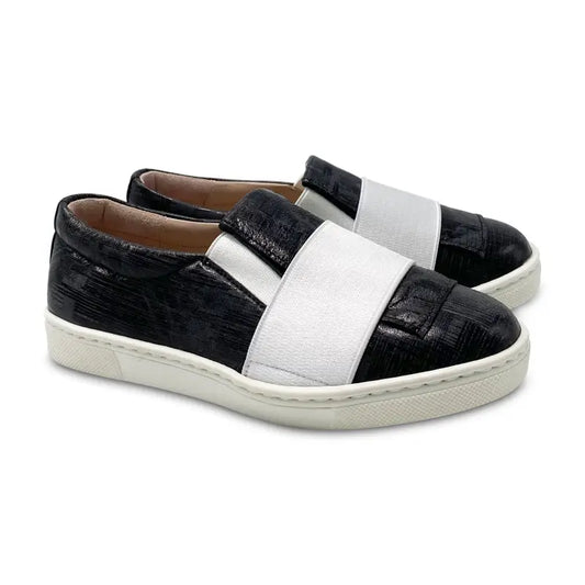 Brunellis black print white elastic slip on sneaker - girls