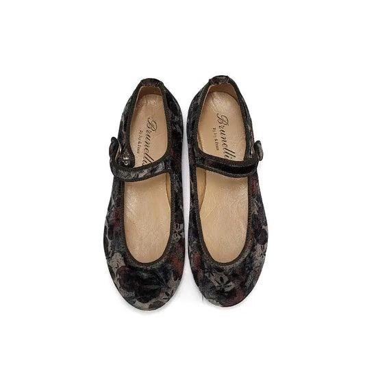 Brunellis Taupe Floral Velvet Mary Jane S-21 - GIRLS