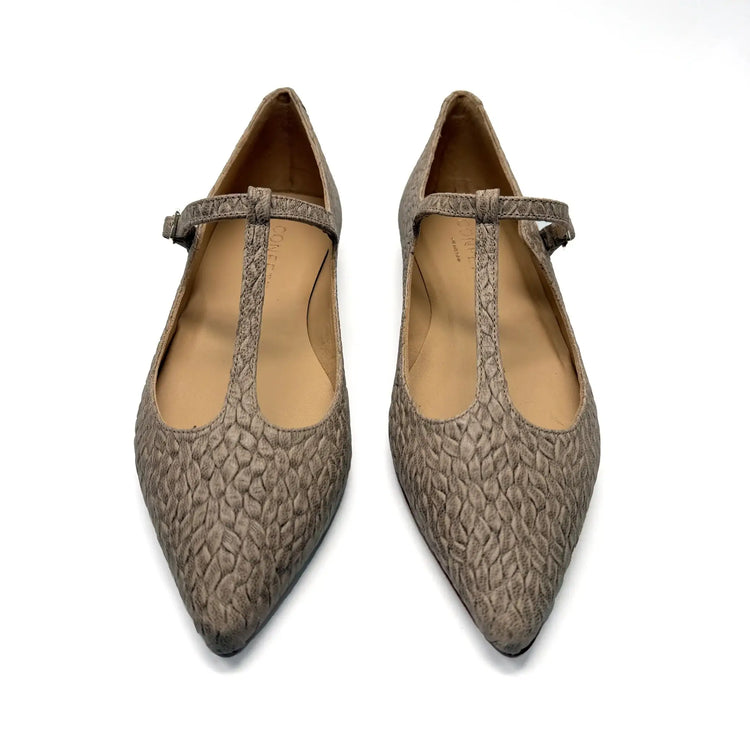 Pair of brown textured pointed-toe shoes with ankle straps on a white background