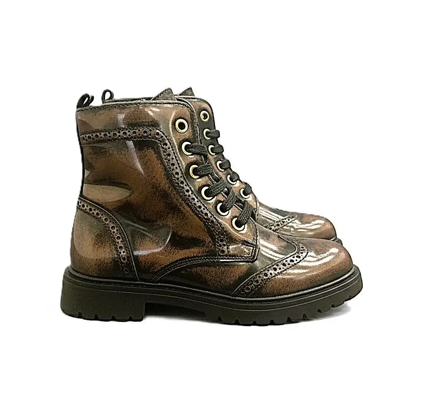 Brown High Shine Patent Leather Wingtip Bootie – Laced Shoe Inc