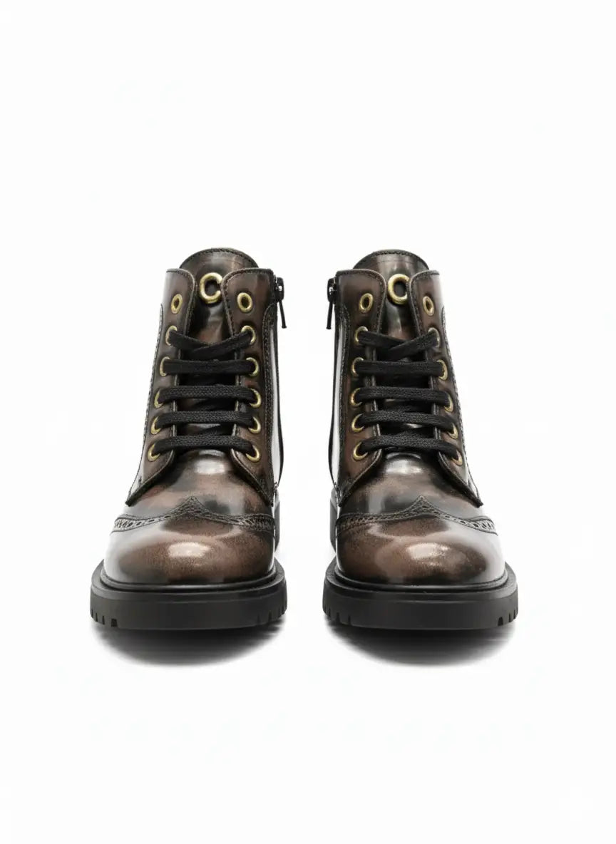 brown leather wingtip smoky bootie