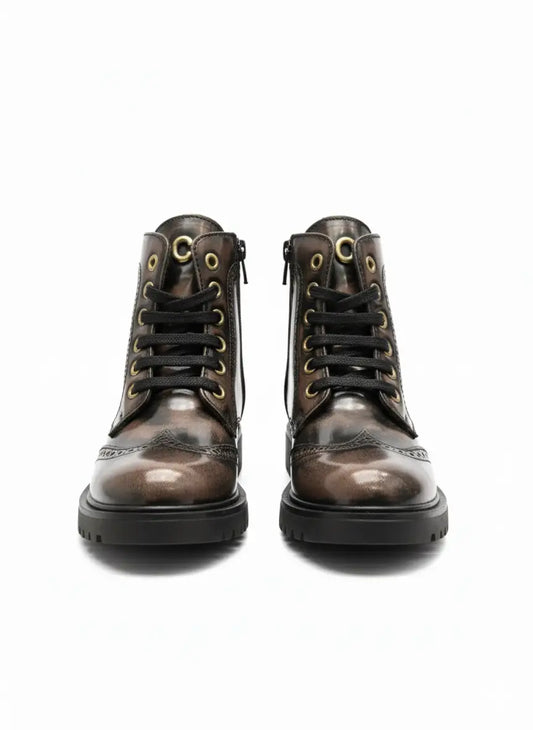 brown leather wingtip smoky bootie