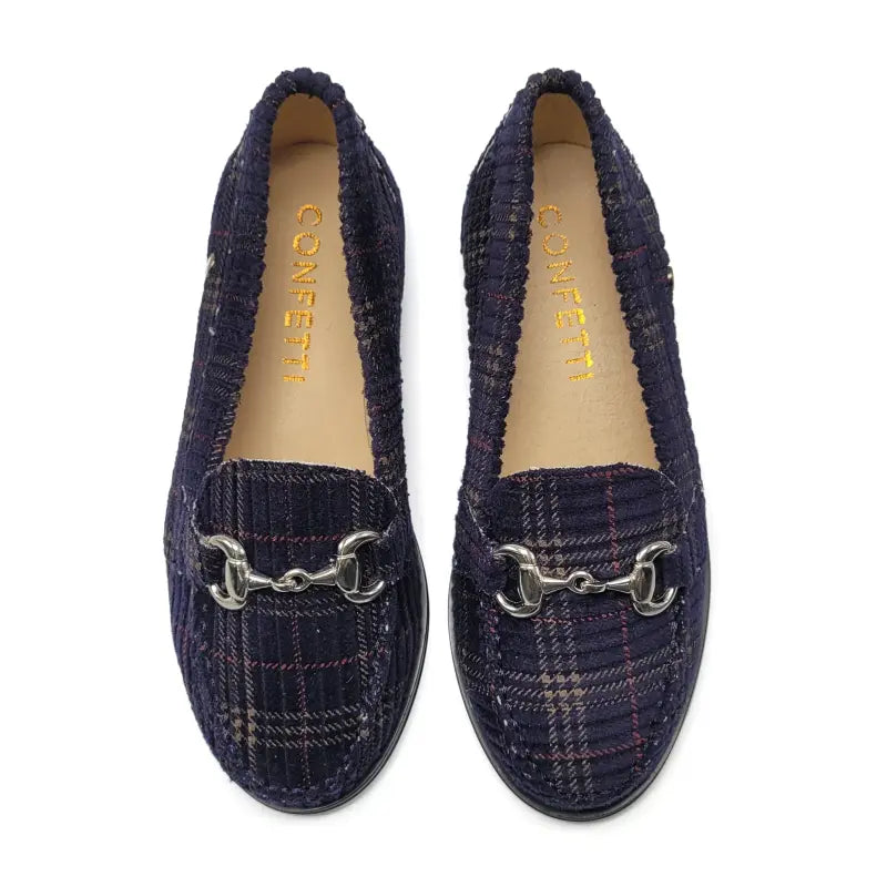 Pair of navy plaid loafers  on a white background