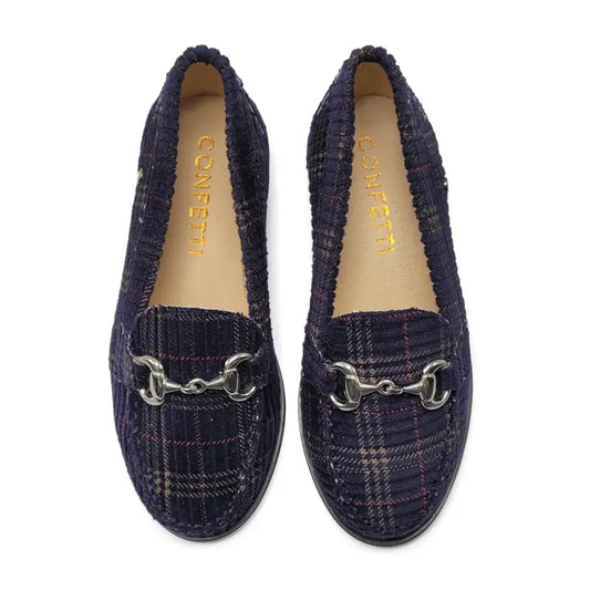 Pair of navy plaid loafers  on a white background
