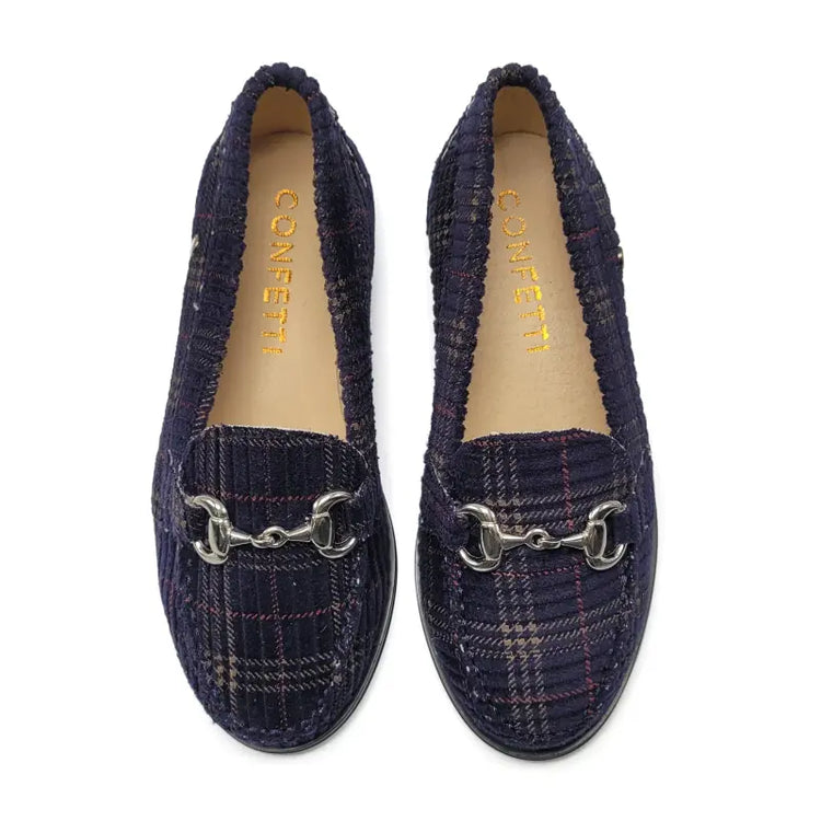 Pair of navy plaid loafers  on a white background