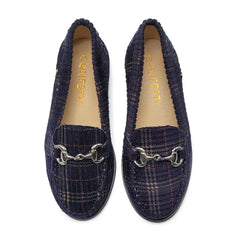 Pair of navy plaid loafers  on a white background
