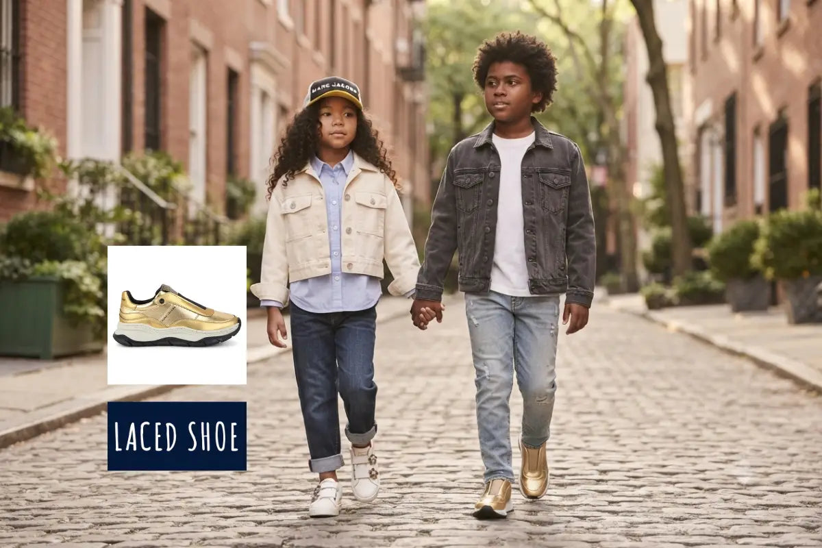 Child wearing stylish designer sneakers with casual everyday clothing.