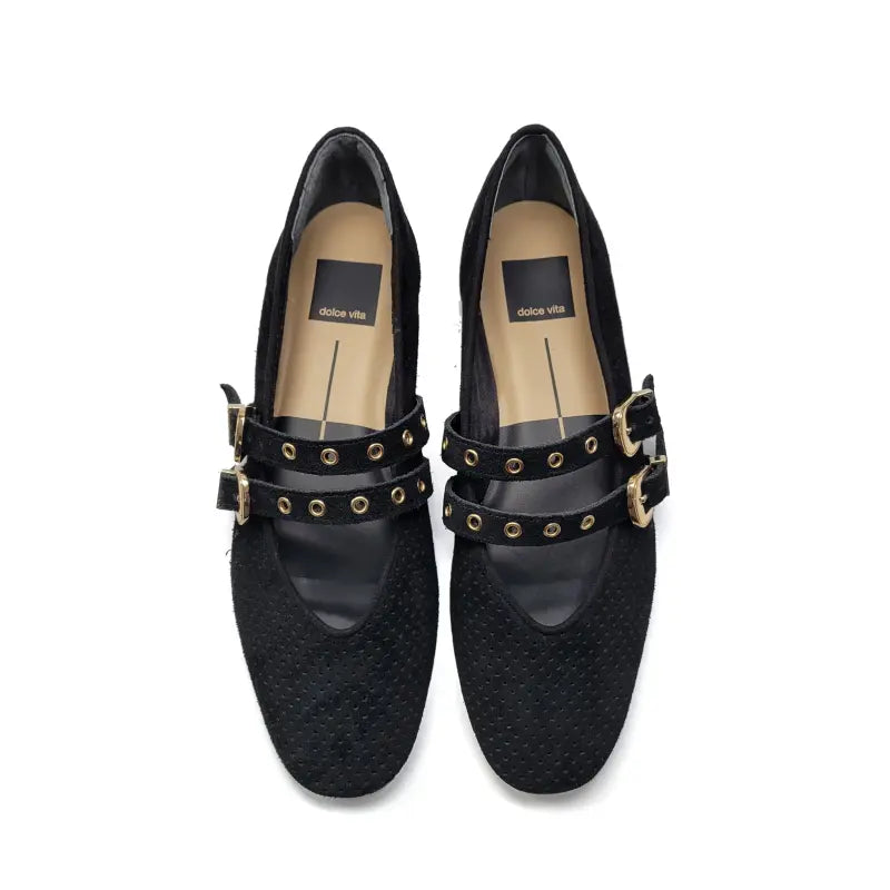 Dolce Vita Bayle Onyx Black Suede Perforated Double Strap Mary Jane
