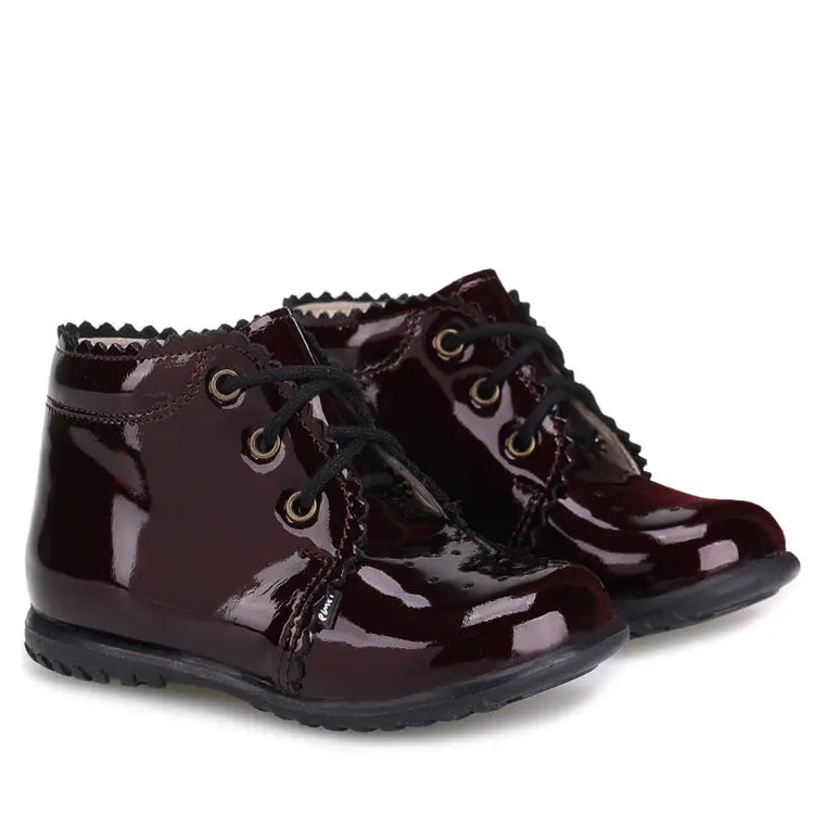 Emel Scalloped Burgundy Patent Toddler Booties E1152 - 20 - FIRST WALKER