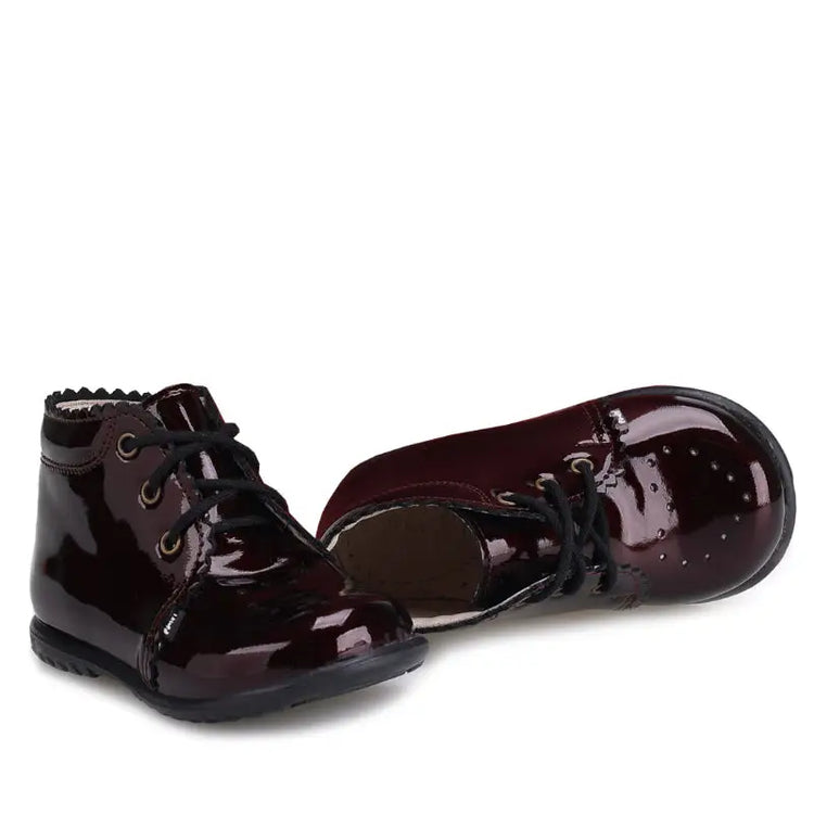 Emel Scalloped Burgundy Patent Toddler Booties E1152 - FIRST WALKER