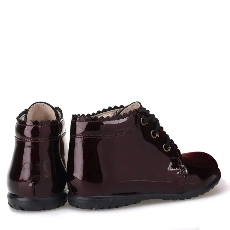 Emel Scalloped Burgundy Patent Toddler Booties E1152 - FIRST WALKER