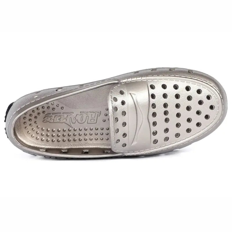 Silver shoe with a brand logo on a white background