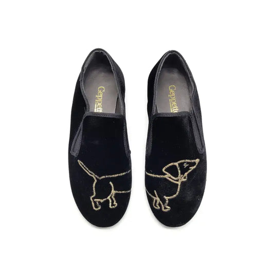Geppettos black velvet dog embroidered smoking slip on 138507b - unisex