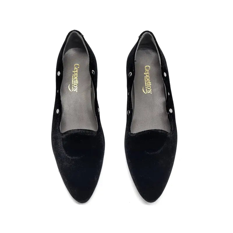 Geppettos black velvet studded pointed slip on 102163a - girls