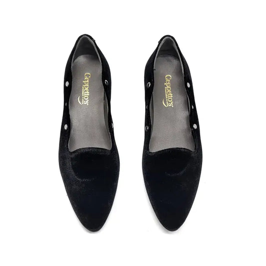 Geppettos black velvet studded pointed slip on 102163a - girls