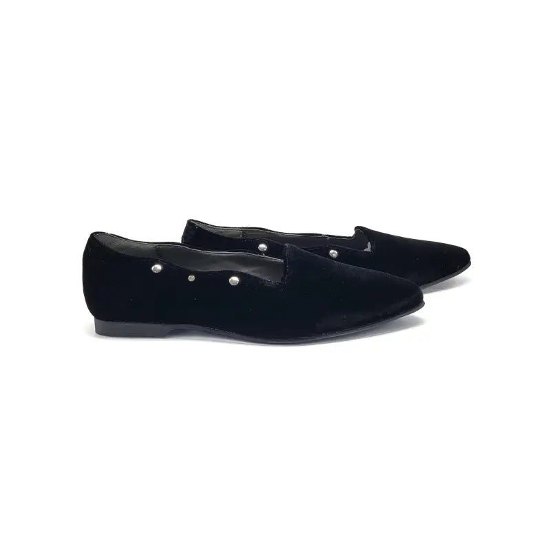 Geppettos black velvet studded pointed slip on 102163a - girls