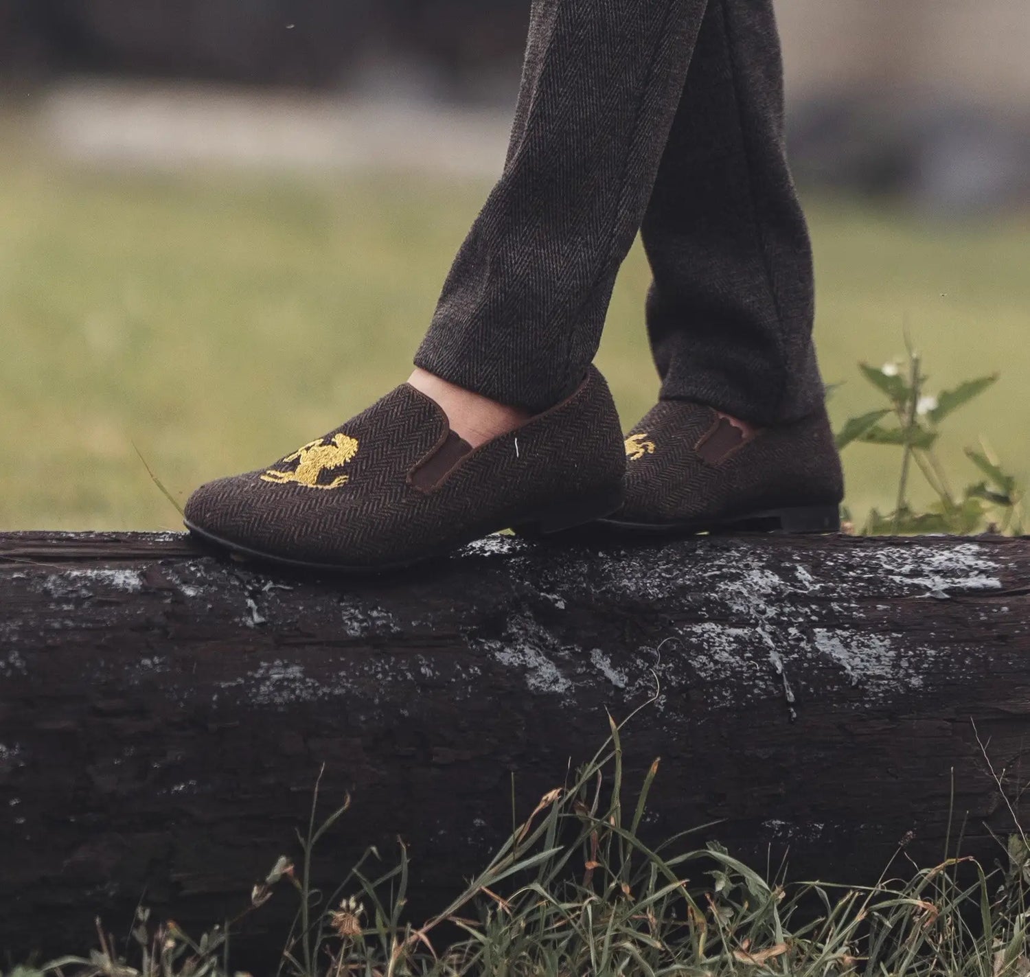 Gufanpei brown houndstooth embroidery smoking shoe - boys