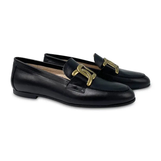 Hoo black leather brushed gold curb chain slip on loafer 3257 - girls