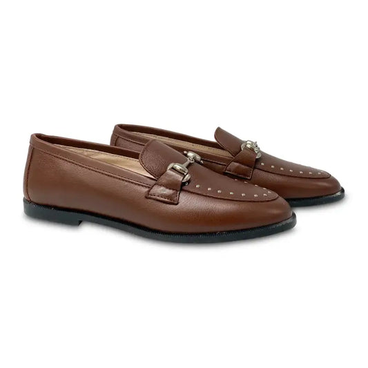 Hoo brown leather studded chain loafer 3176 - girls