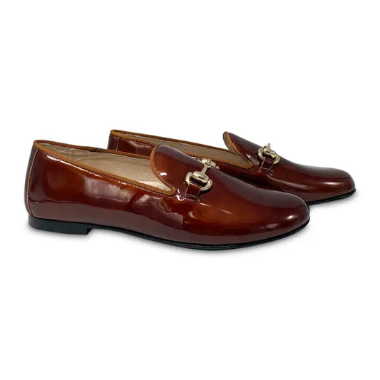 Hoo brown metallic patent chain smoking slip on 3172 - girls