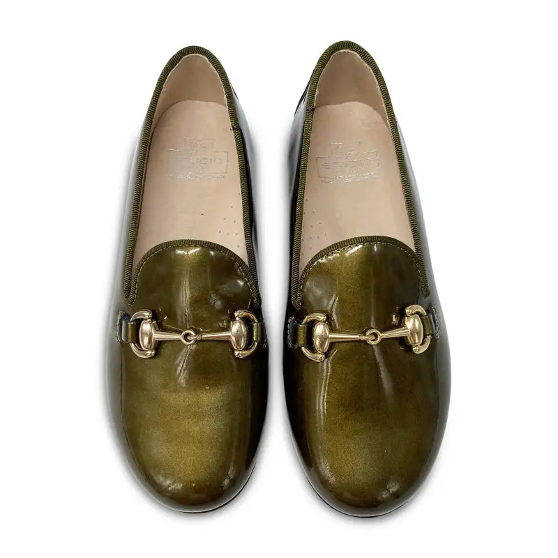 Hoo olive green metallic patent chain smoking slip on 3172 - girls