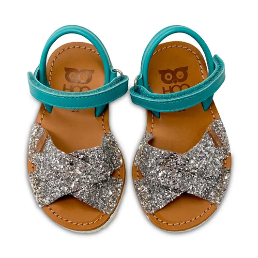 Hoo turquoise silver glitter velcro sandal rb1018b - girls