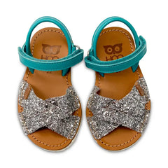 Hoo turquoise silver glitter velcro sandal rb1018b - girls