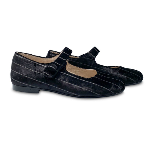 Hoo Black Velvet Silver Pinstripe Velcro Mary Jane 2402